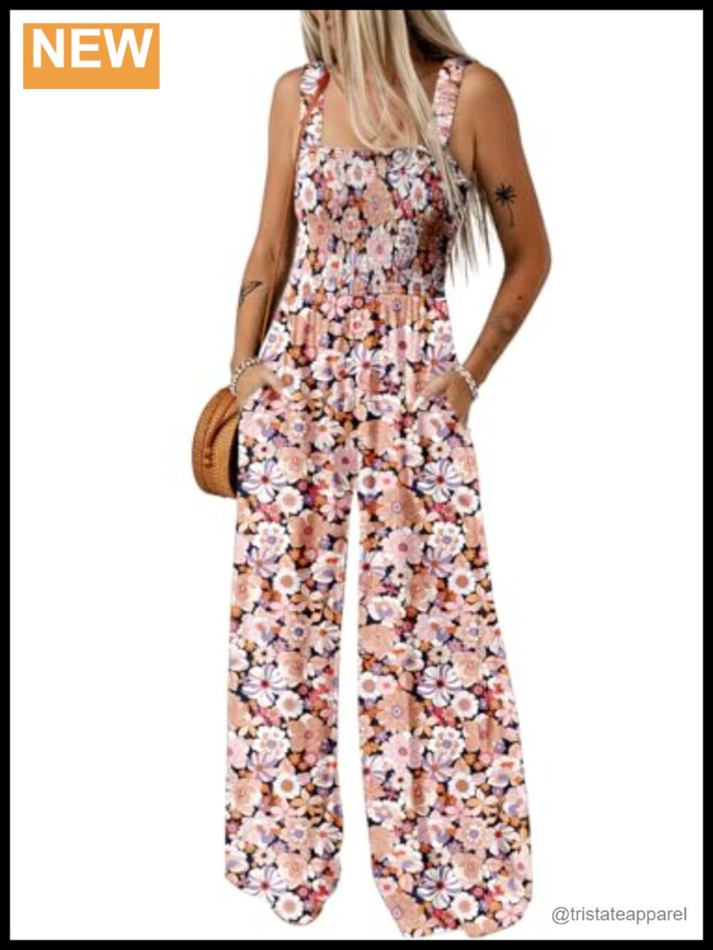 Sleeveless Floral Print Wide Leg Jumpsuit with Pockets
